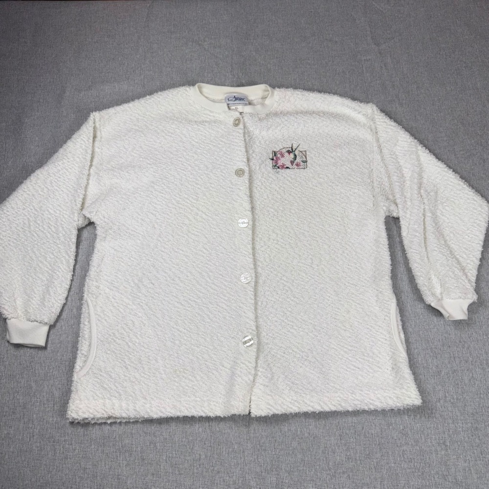 VTG Artisans Sunschein Designs White Popcorn Knit Hummingbird Cardigan XL USA